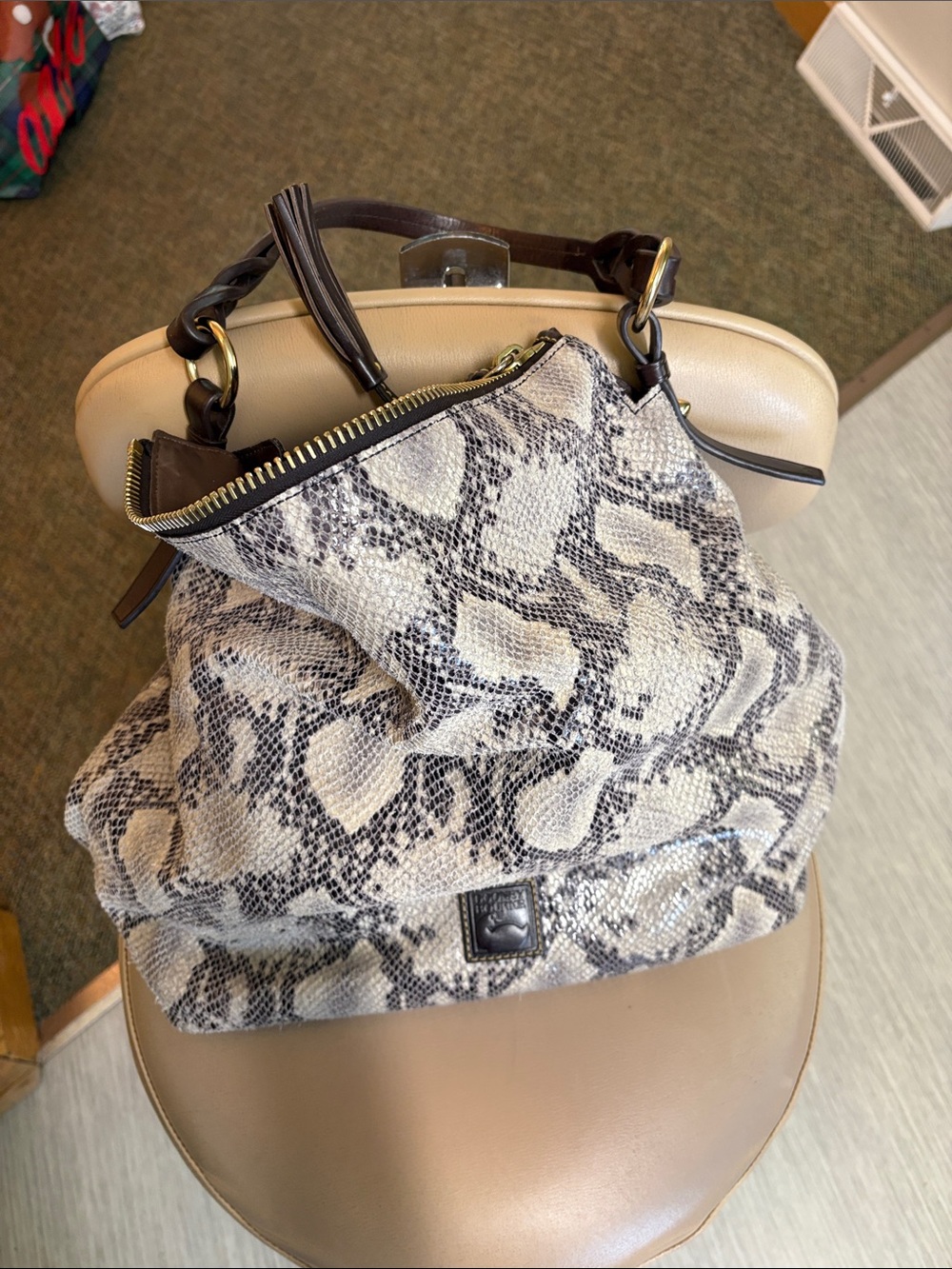 Dooney Bourke Women's Snake-Print Hobo Bag in Cream and Gray